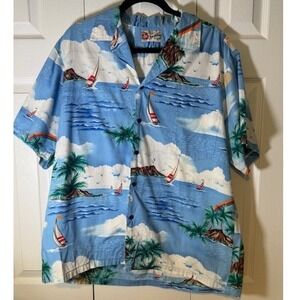 Hilo Hattie Hawaiian Original Aloha Shirt XL Sailboat Scenic Blue Vintage